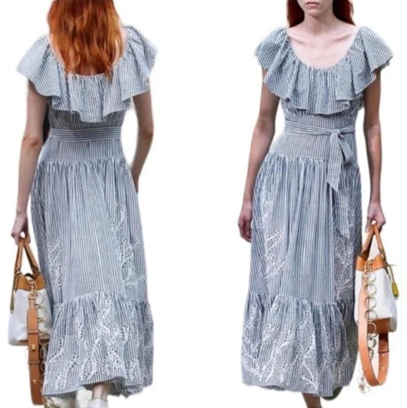 Tory Burch Eyelet Embroidered Stripe Flounce Ruffle Hem Midi Dress Gray Blue 8 - Picture 12 of 13